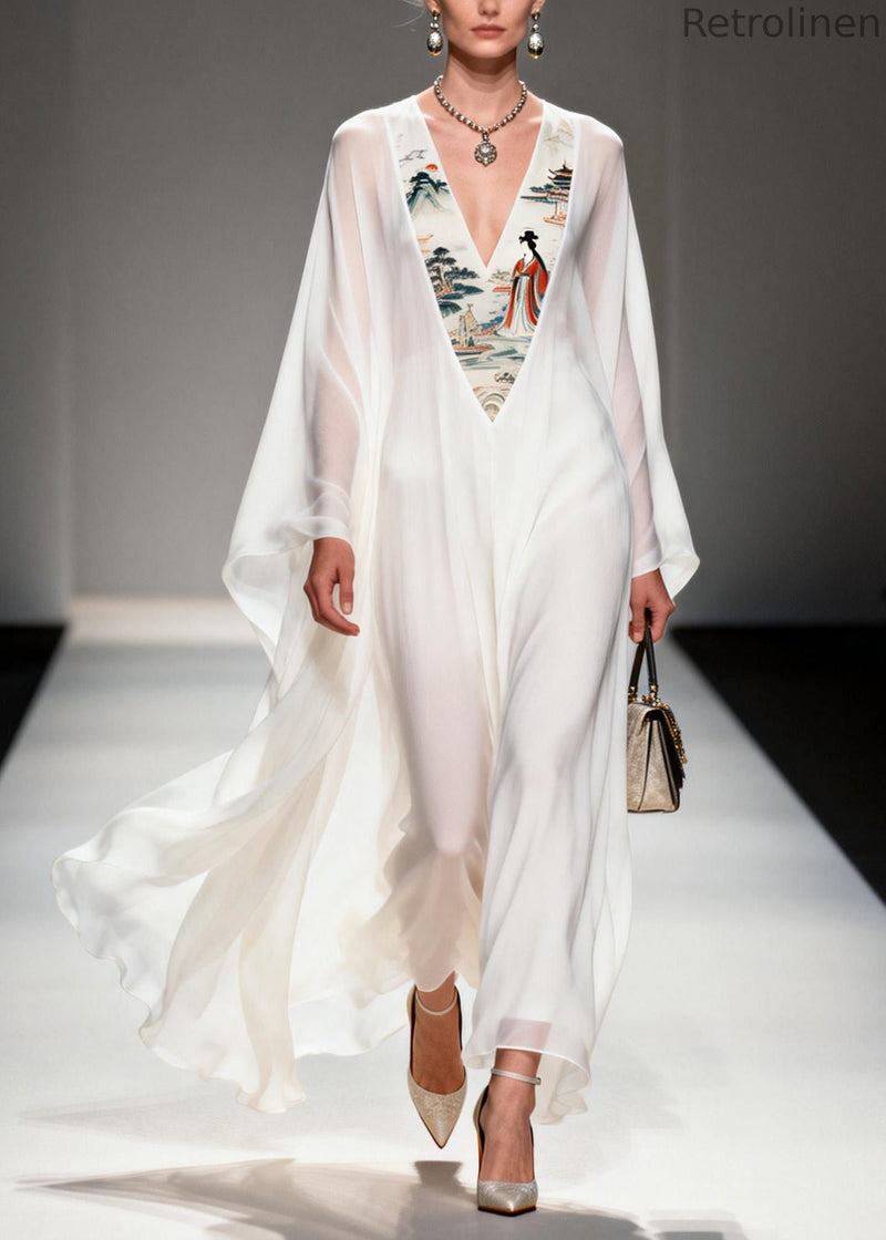 White V Neck Print Patchwork Chiffon Dresses Spring