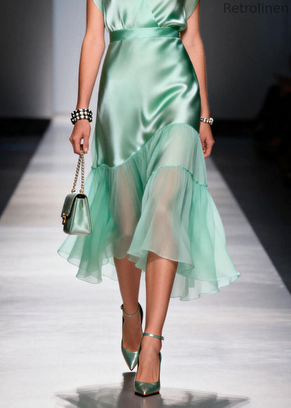 Classy Light Green V Neck Asymmetrical Patchwork Silk Dresses Summer