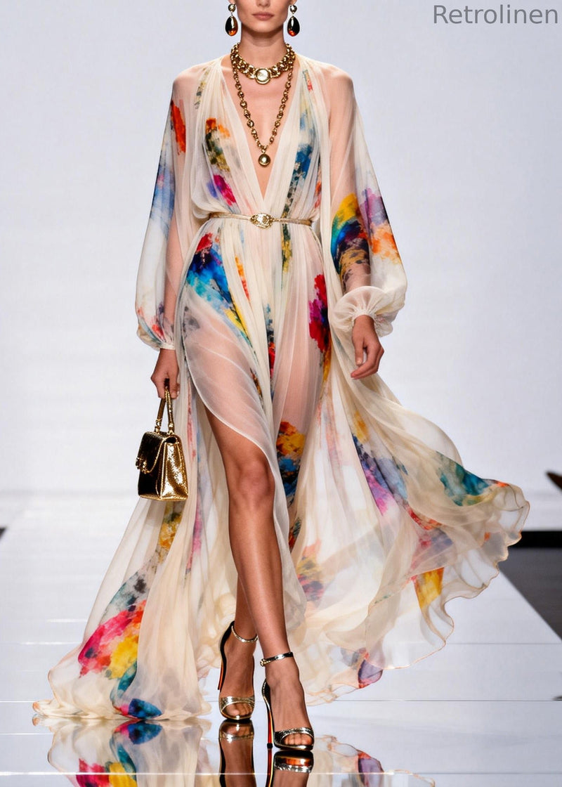 Style V Neck Print Side Open Chiffon Maxi Dress Spring
