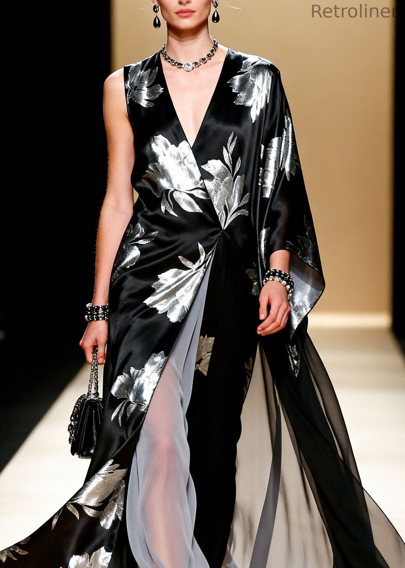 Black V Neck Asymmetrical Design Patchwork Chiffon Dress Summer