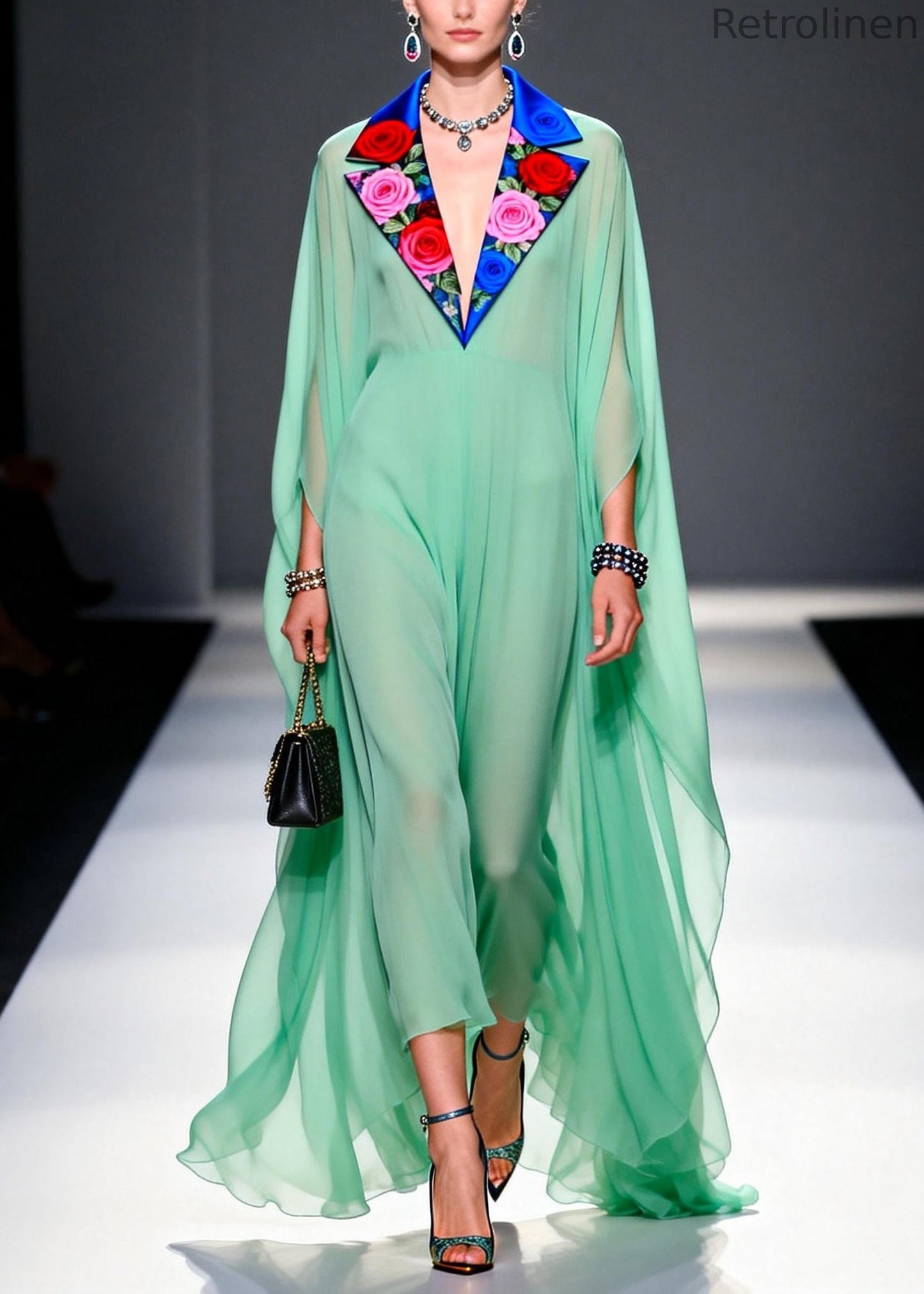Green Notched Patchwork Exra Large Hem Chiffon Dress Summer