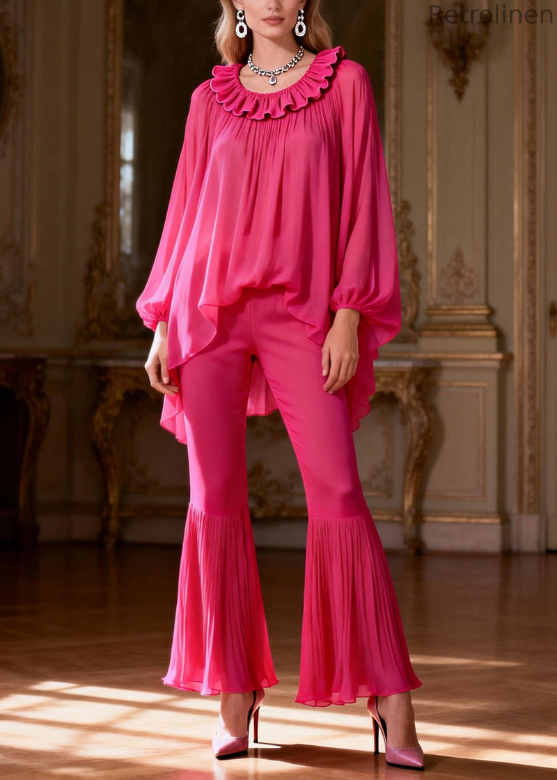 Rose Ruffled Low High Design Chiffon Two Piece Set Spring
