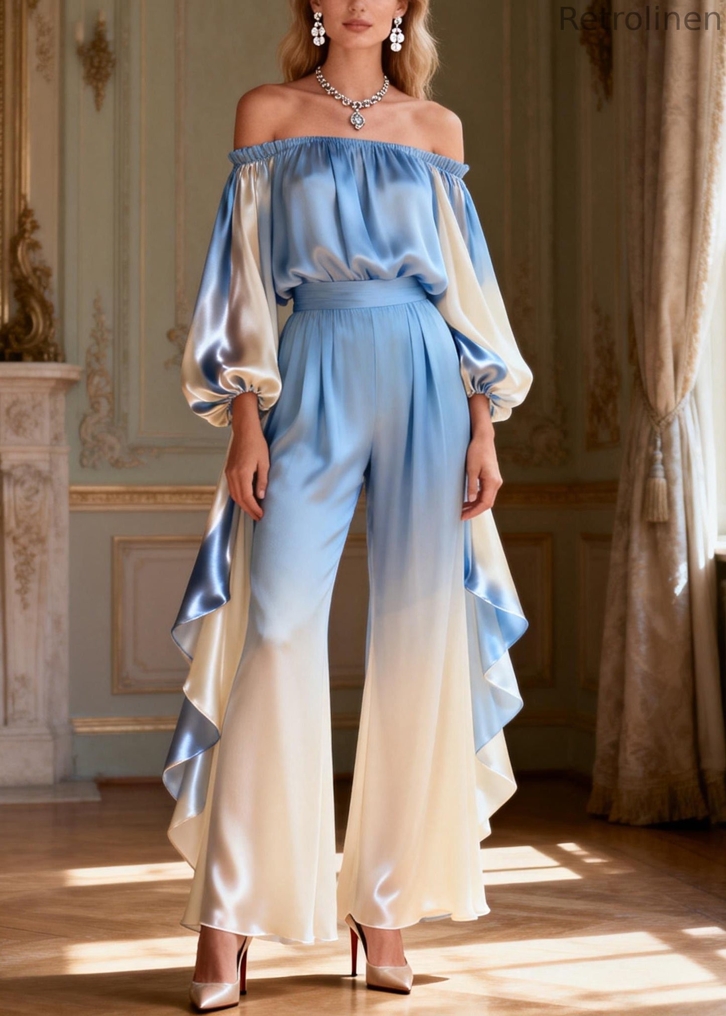 Gradient Color Slash Neck Ruffled Silk Two Piece Set Spring