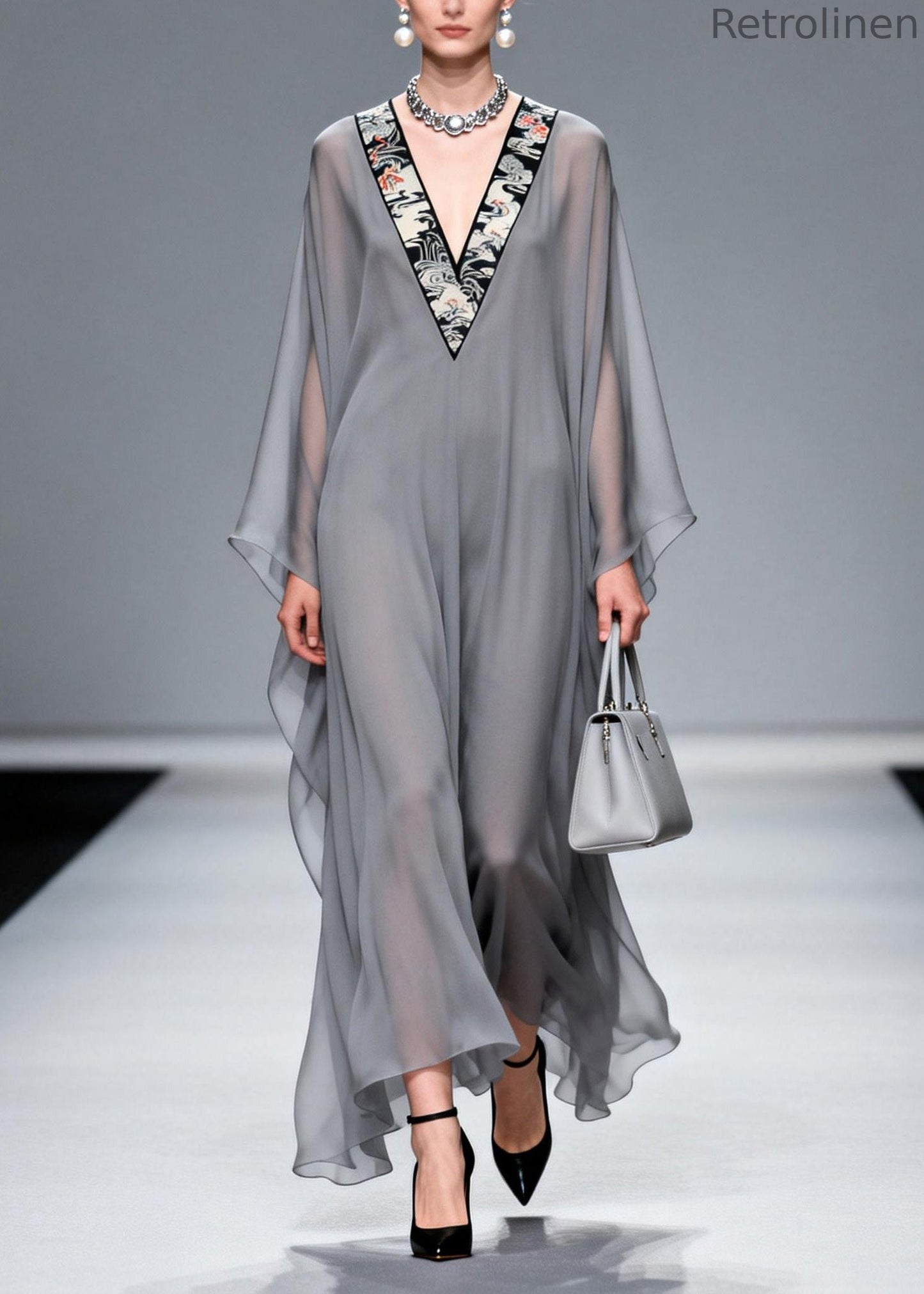 Grey V Neck Patchwork Chiffon Long Dress Spring