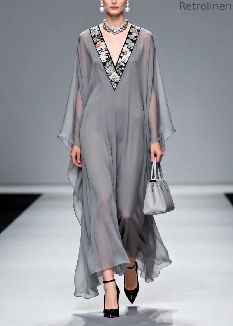 Grey V Neck Patchwork Chiffon Long Dress Spring