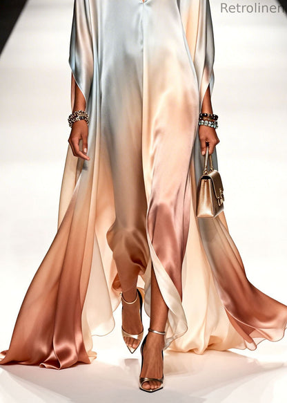 Gradient Color V Neck Chiffon Ankle Dress Summer