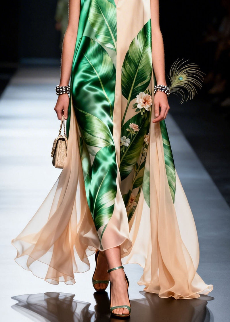 Style Colorblock V Neck Print Chiffon Dress Sleeveless