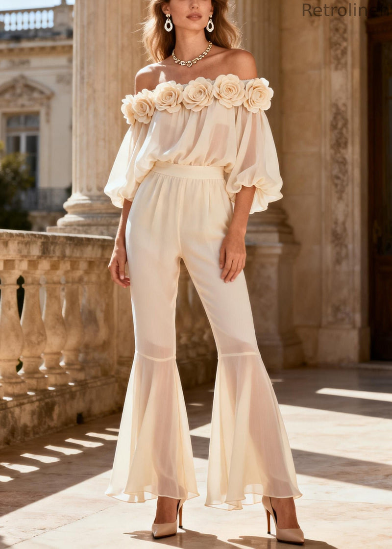 Vogue White Chiffon Shirts and Flared Trousers Two Piece Set Spring