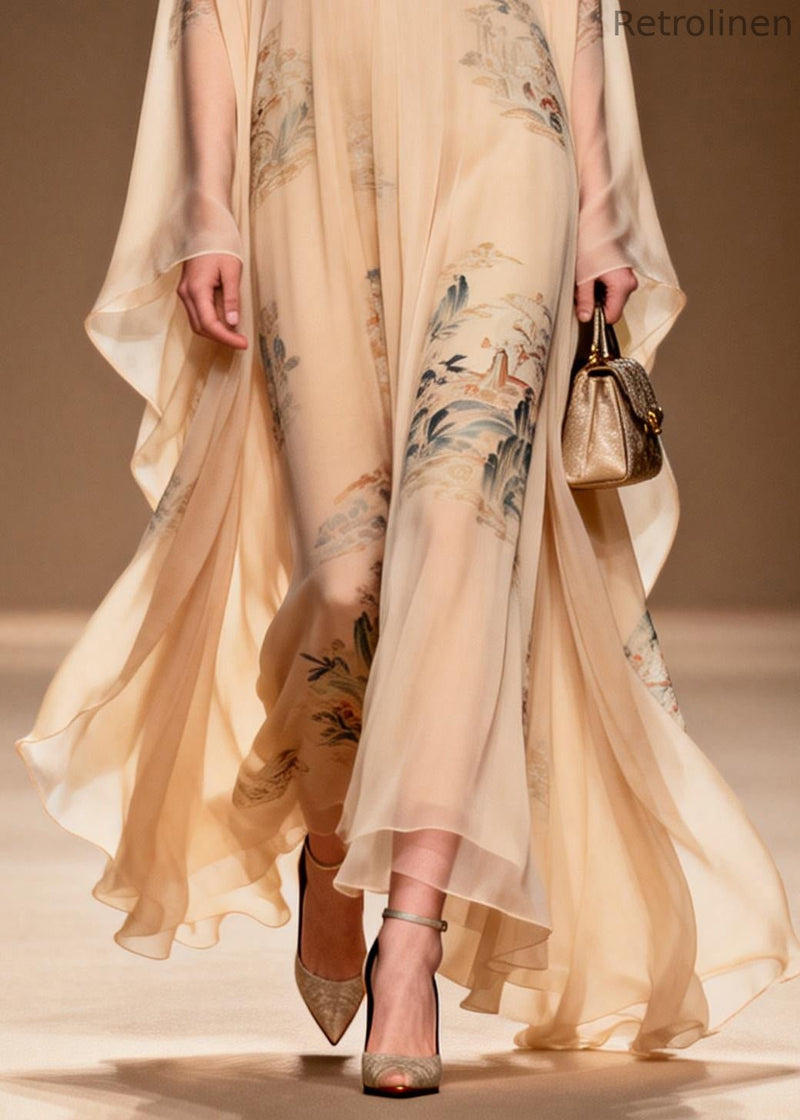 Apricot V Neck Print Chiffon Maxi Dress Summer