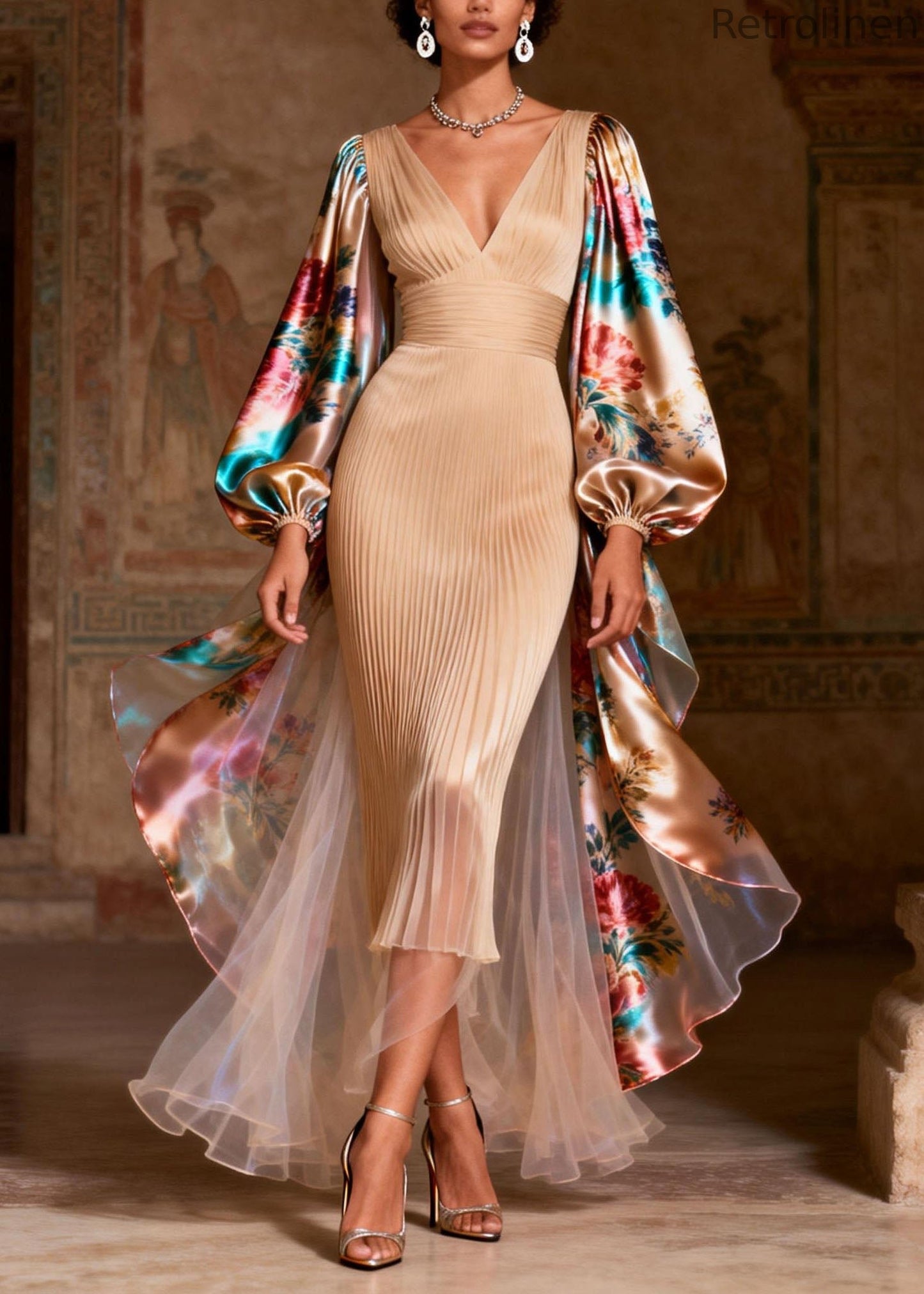 V Neck Print Patchwork Silk Long Dress Spring