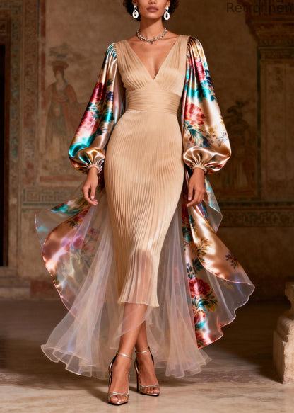 V Neck Print Patchwork Silk Long Dress Spring