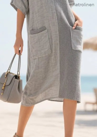 Organic Grey Asymmetrical Patchwork Pockets Cotton Long Dress Summer