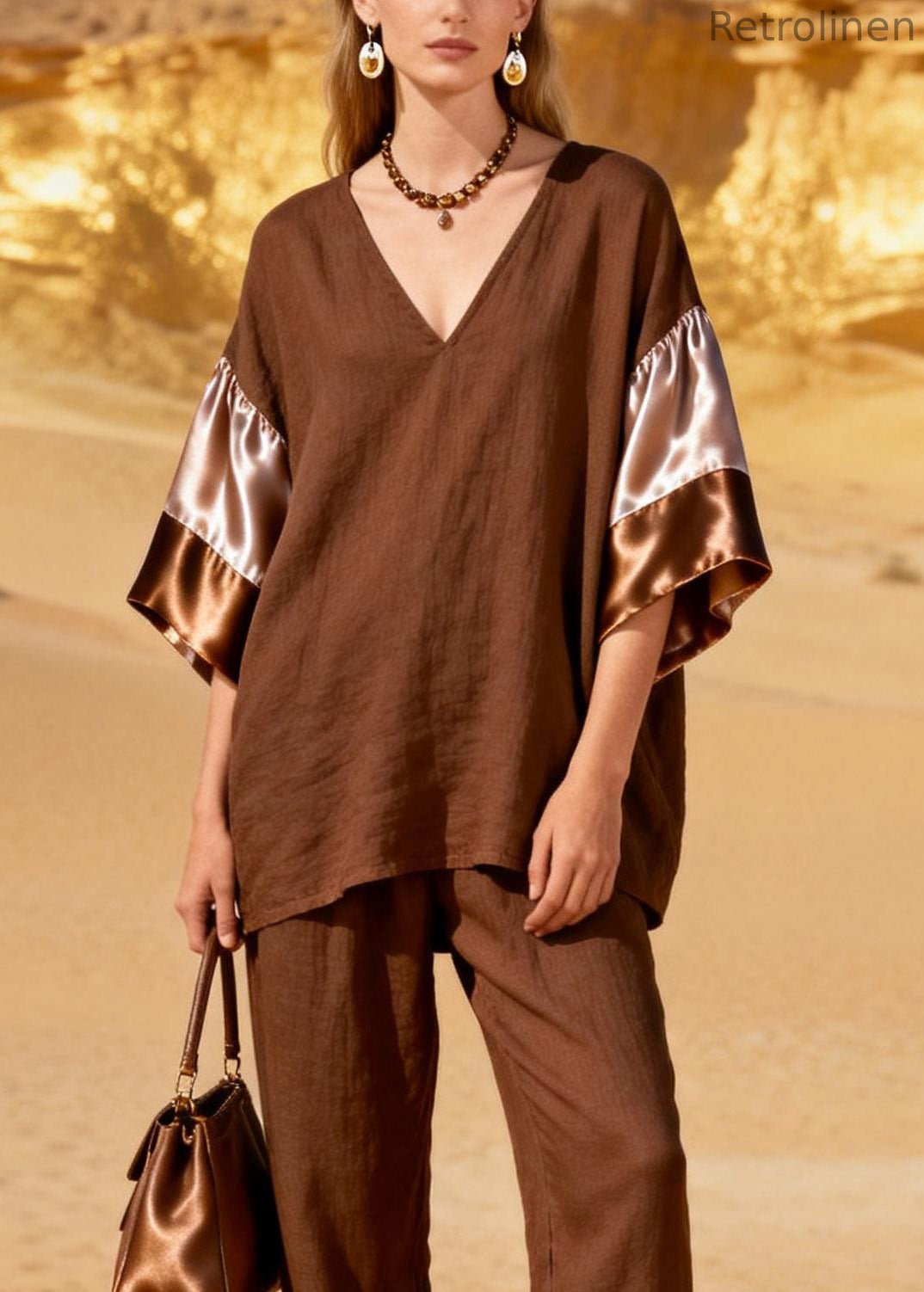 Coffee V Neck Patchwork Linen Silk Two Piece Set Spring