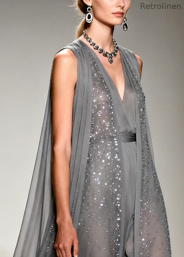Grey Sparkling Zircon Draping Chiffon Dress Two Piece Set Sleeveless
