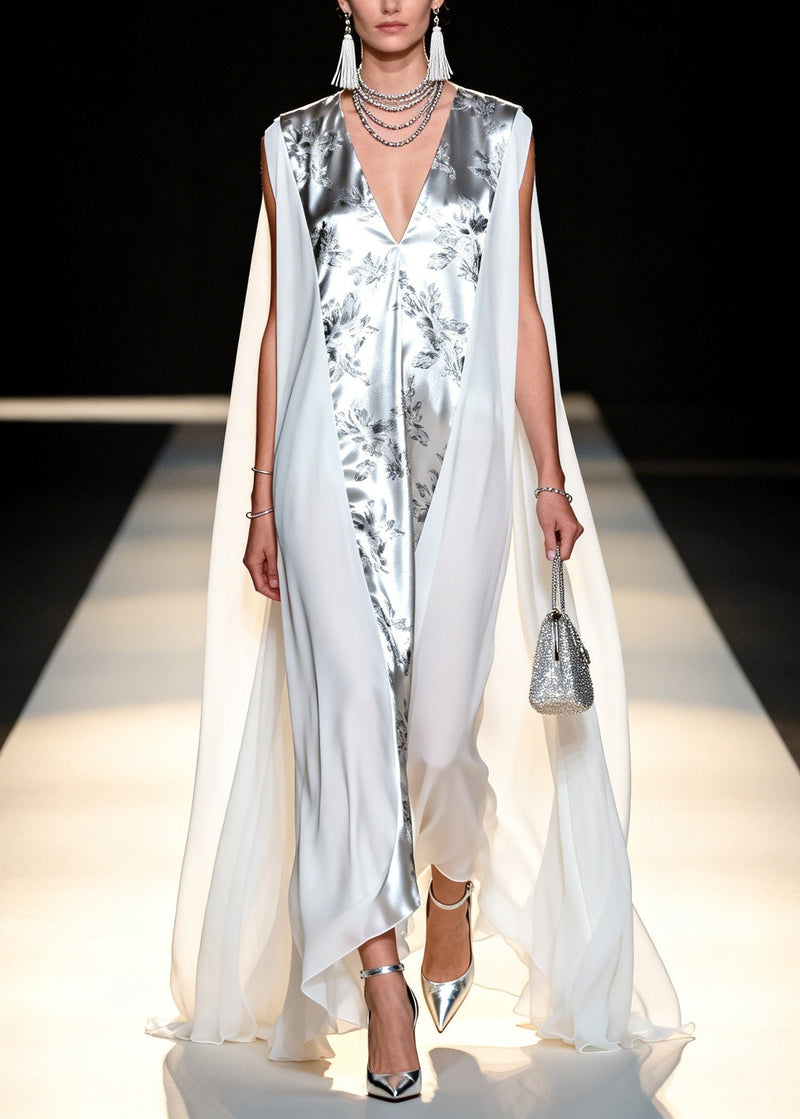 Italian White Oversized Patchwork Chiffon Maxi Dresses Sleeveless