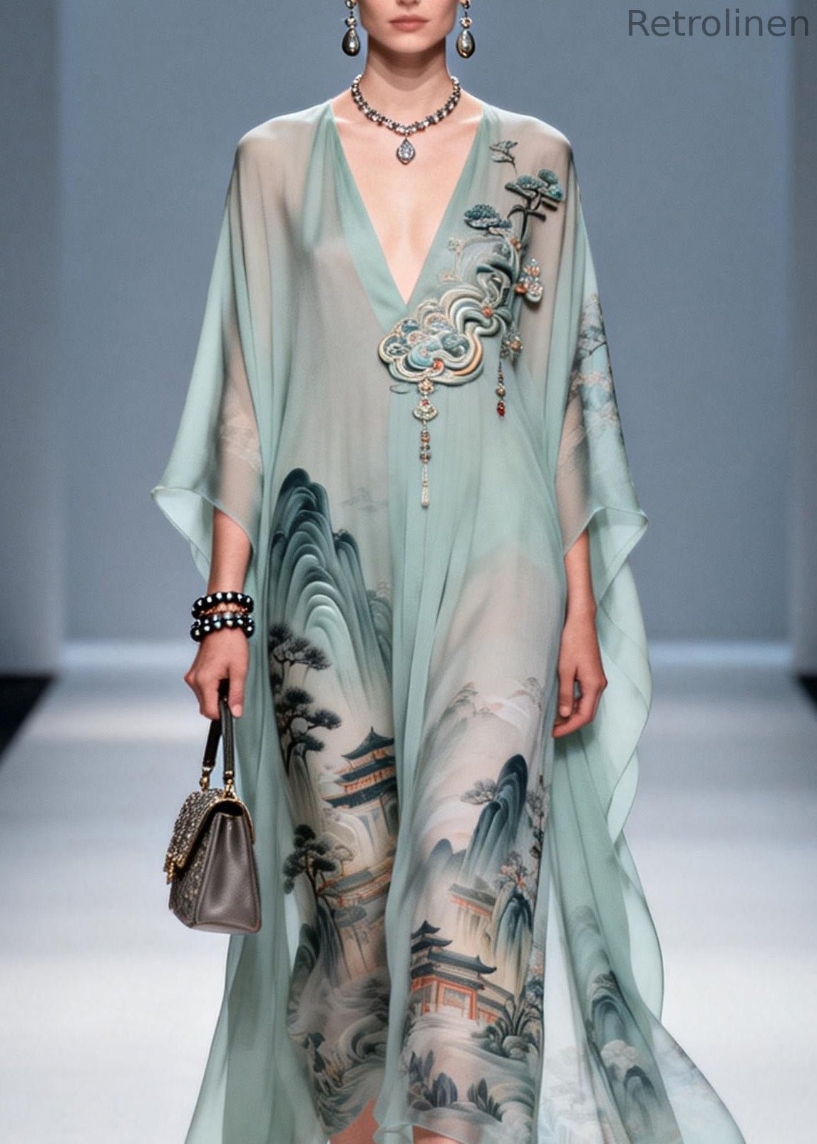 Original Design V Neck Print Chiffon Maxi Dress Summer