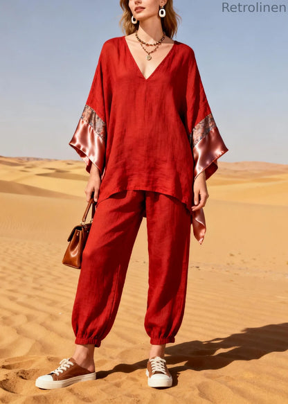Red Oversized Patchwork Linen Silk Two Piece Suit Set Spring