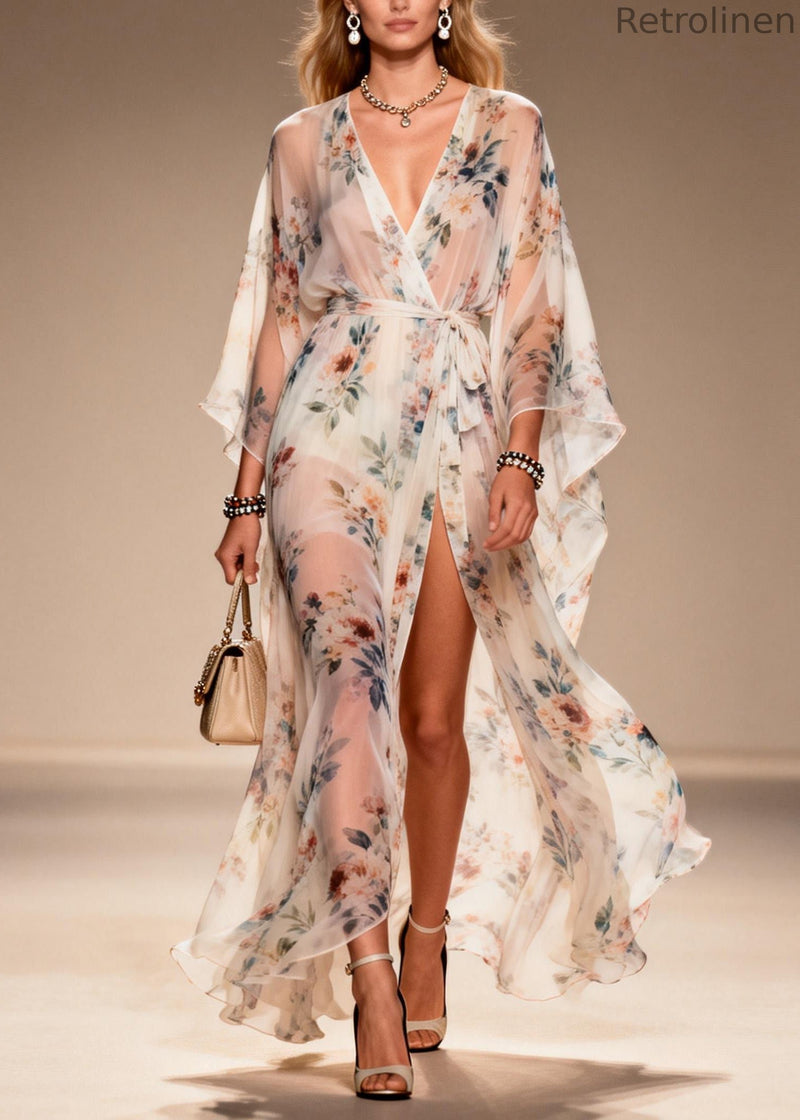 Print Side Open Lace Up Chiffon Dresses Summer