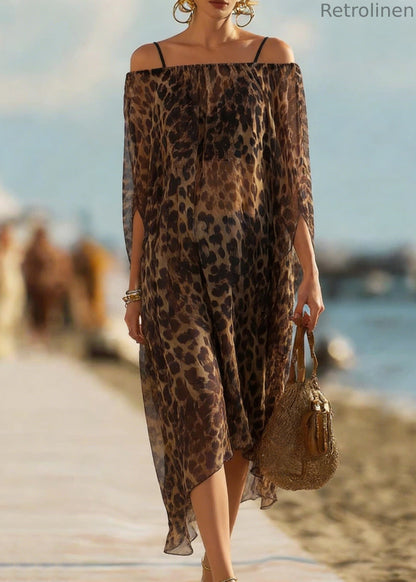 Leopard Slash Neck Silk Dresses Batwing Sleeve