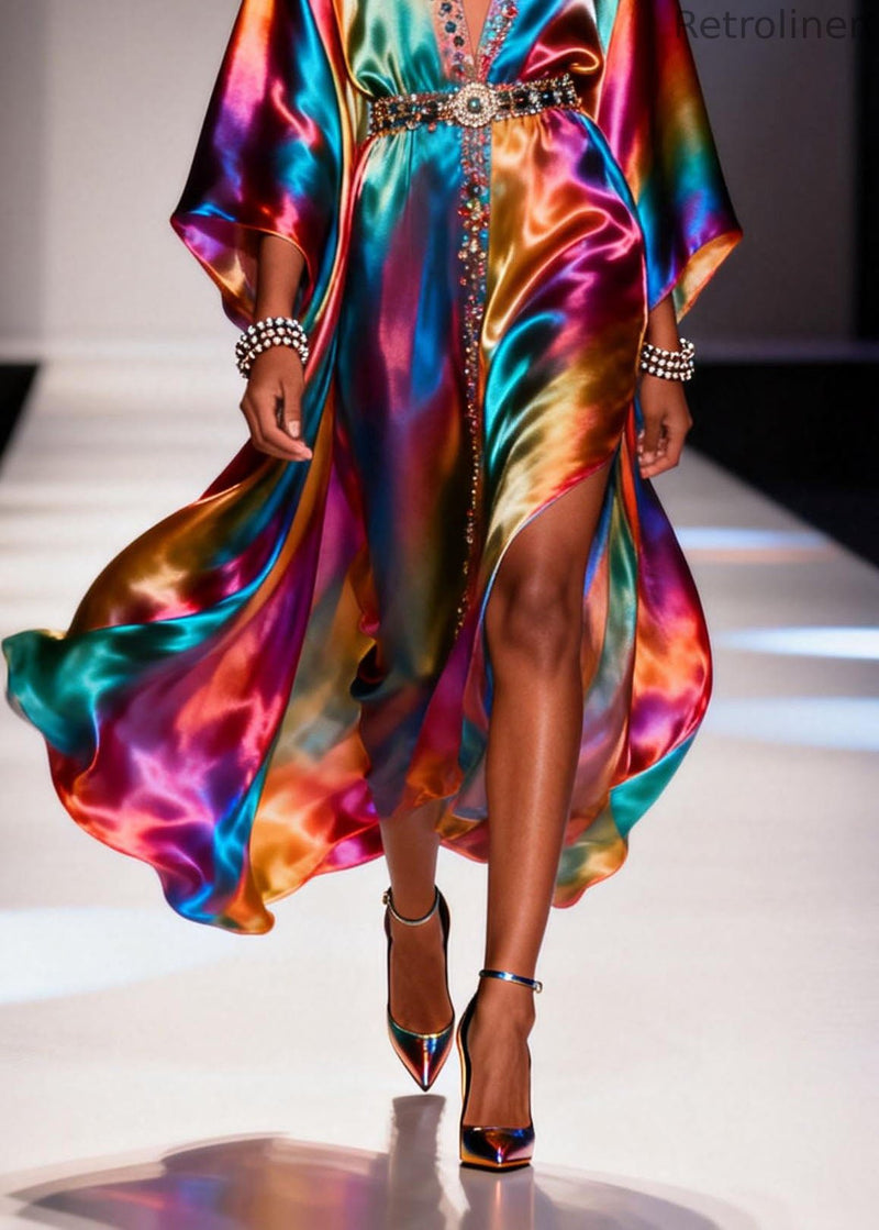 Gradient Color V Neck Zircon Chiffon Dress Summer
