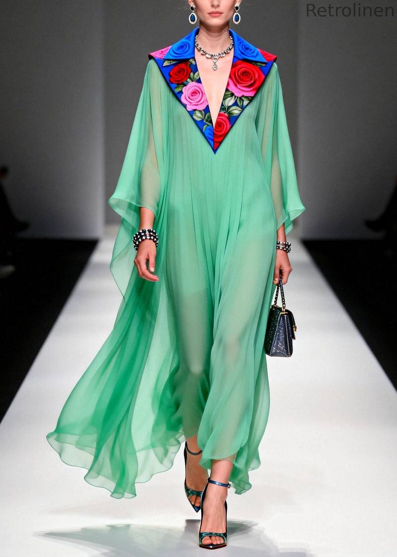 Stylish Grass Green Peter Pan Collar Patchwork Chiffon Dresses Summer