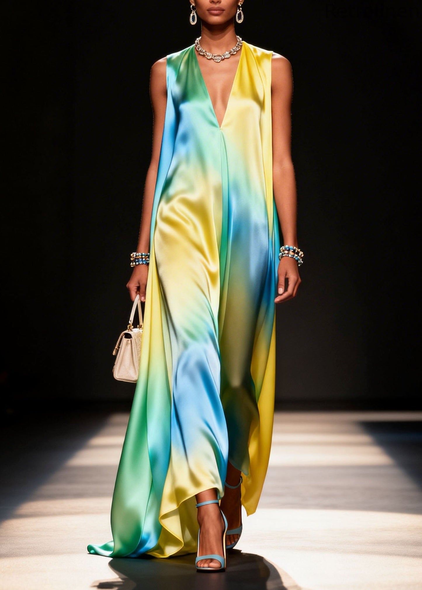Unique V Neck Tie Dye Silk Long Dress Summer