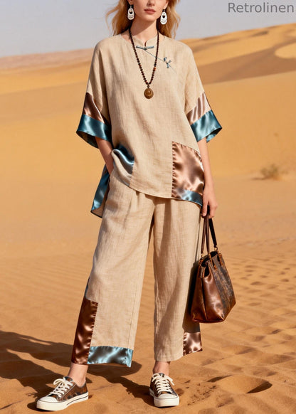 New Khaki Stand Collar Chinese Button Patchwork Silk Linen Two Pieces Set Half Sleeve