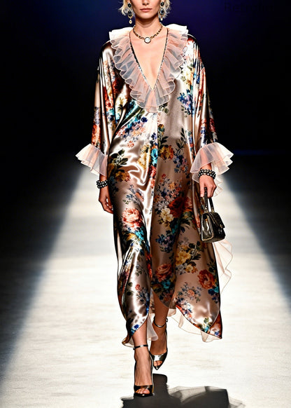 Italian Brown Ruffled Patchwork Print Silk Long Dress Summer