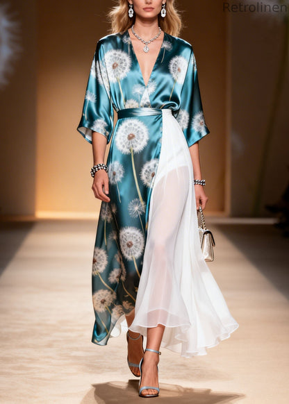Colorblock V Neck Asymmetrical Patchwork Chiffon Dresses Summer