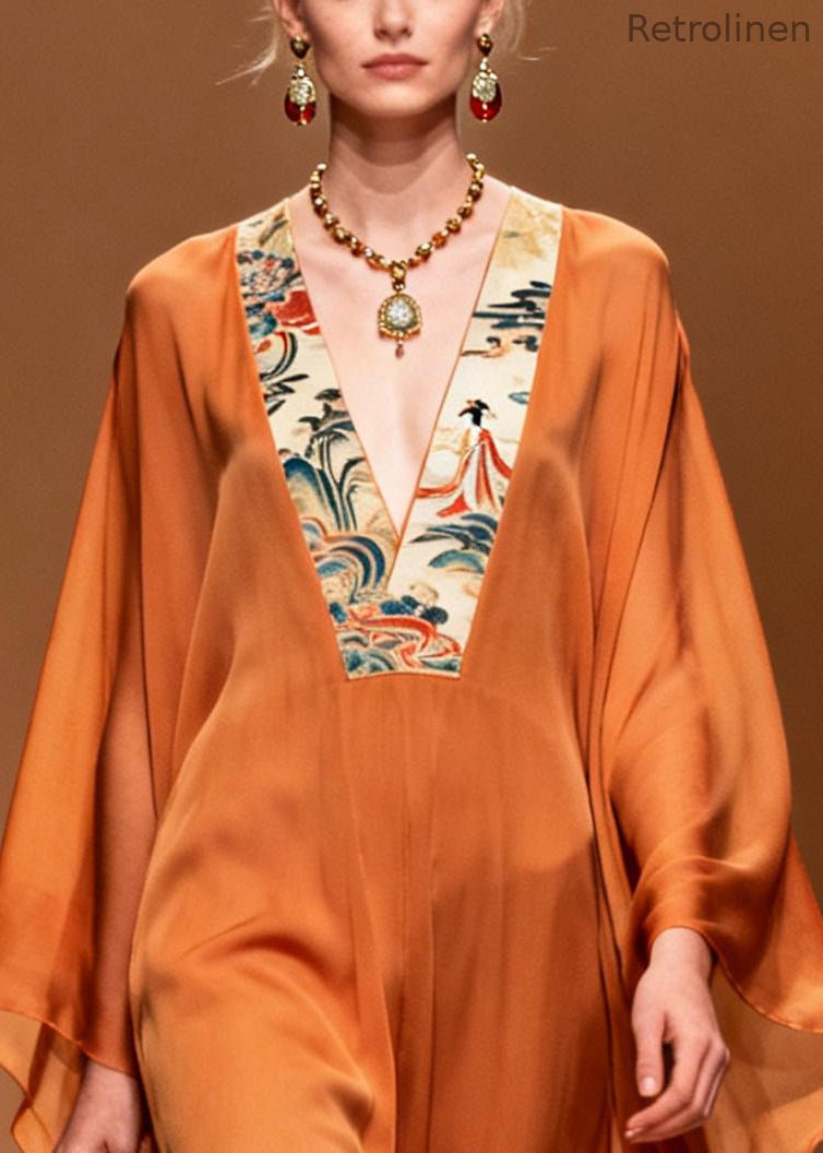 Orange V Neck Patchwork Chiffon Holiday Dresses Summer