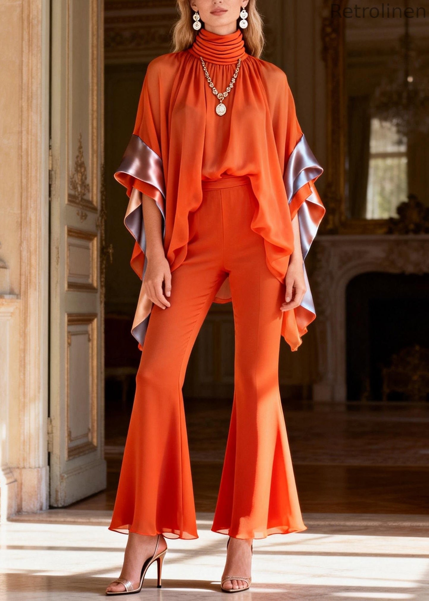 Art Orange Turtleneck Patchwork Chiffon Top and Flared Trousers Two Piece Set Flare Sleeve
