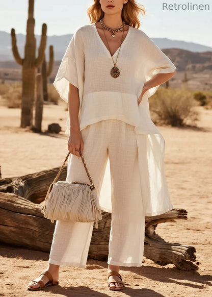 White Patchwork Linen Two Piece Suit Set Oversized Low High Design Summer
