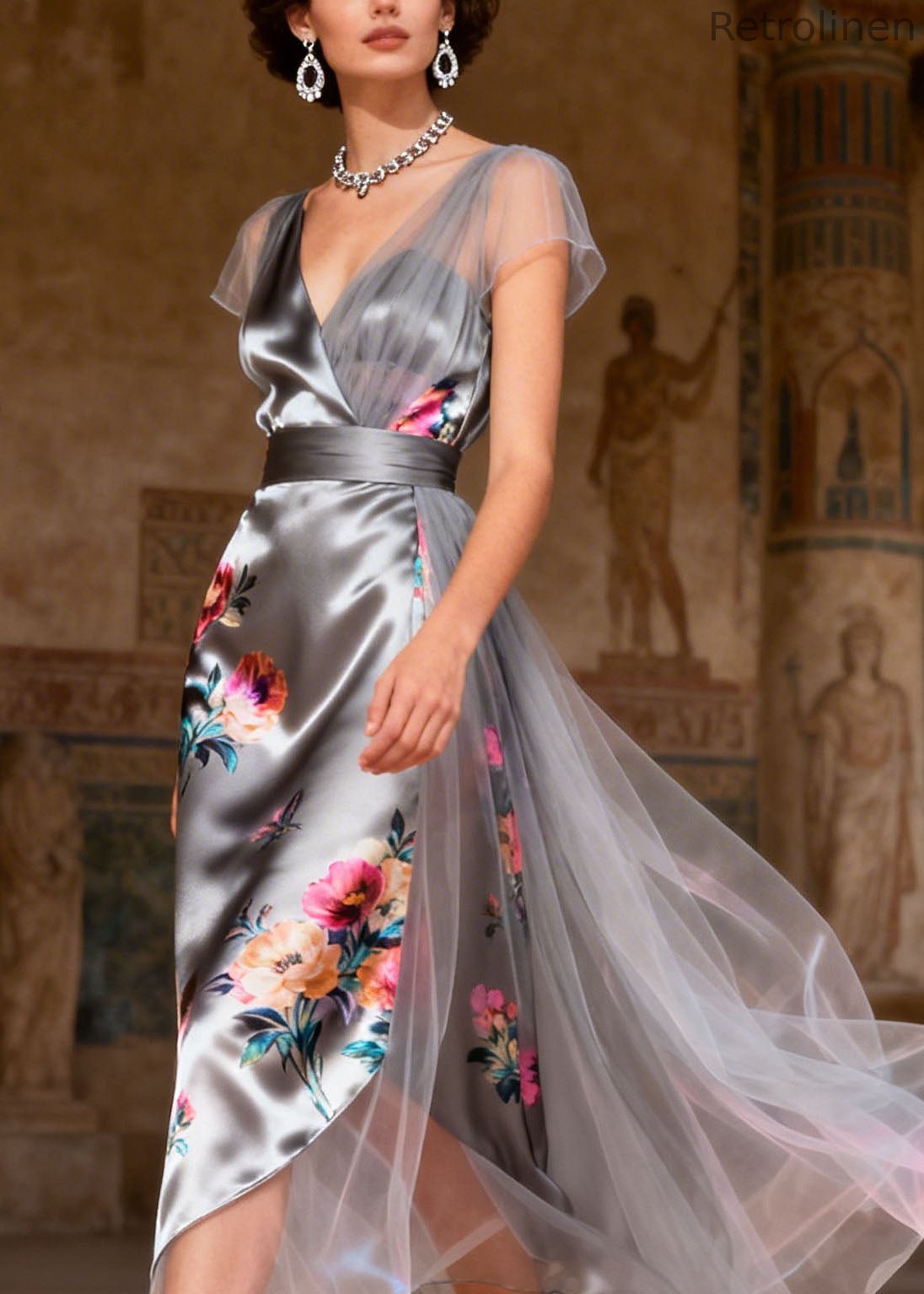 Grey V Neck Print Tulle Patchwork Silk Dress Summer