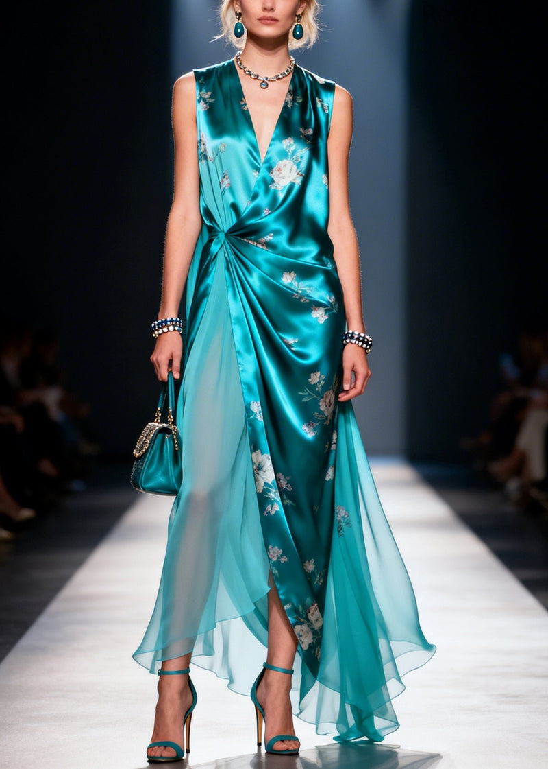 Blue Asymmetrical Print Silk Party Dress Summer