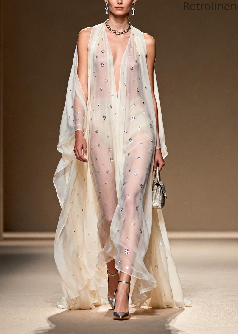 White Rhinestone Cold Shoulder Chiffon Sheer Dress Summer