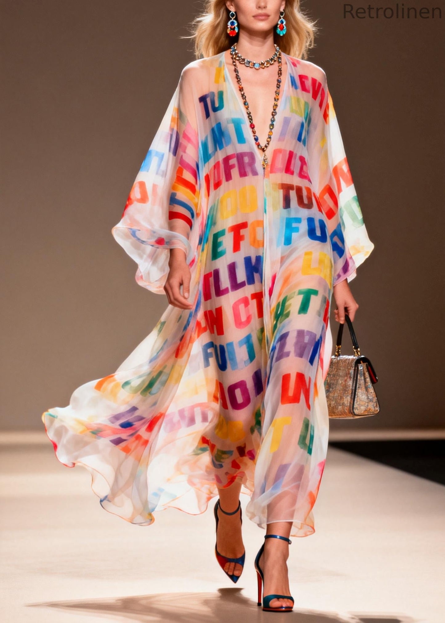 Rainbow Letter Print Chiffon Beach Dress Oversized Summer