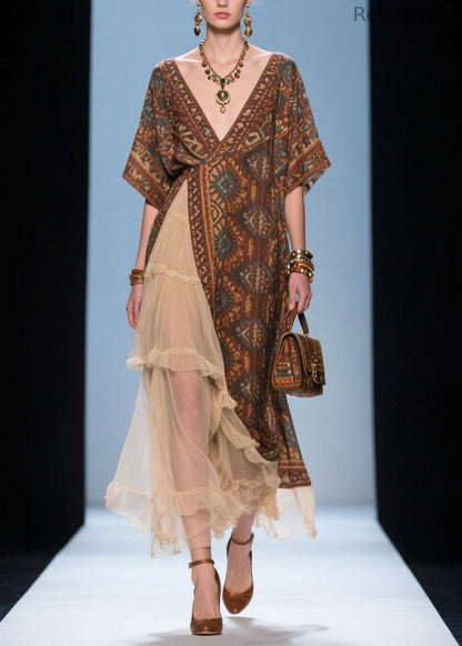 French V Neck Print Ruffled Patchwork Cotton Dress Summer