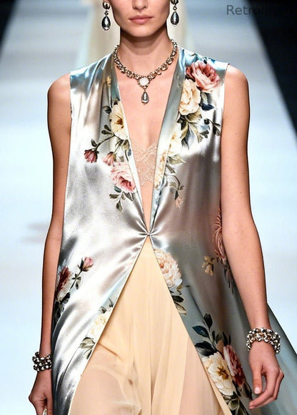 Silvery Print Chiffon Long Dress Two Pieces Set Summer