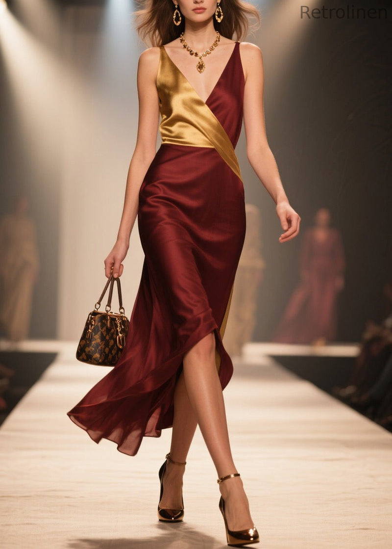 Boutique V Neck Patchwork Silk Spaghetti Strap Dress Summer