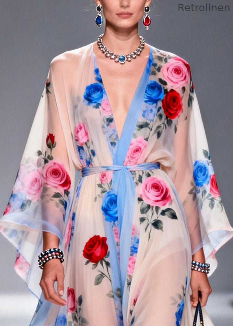 Multicolored Print Chiffon Maxi Dress Tie Waist Summer