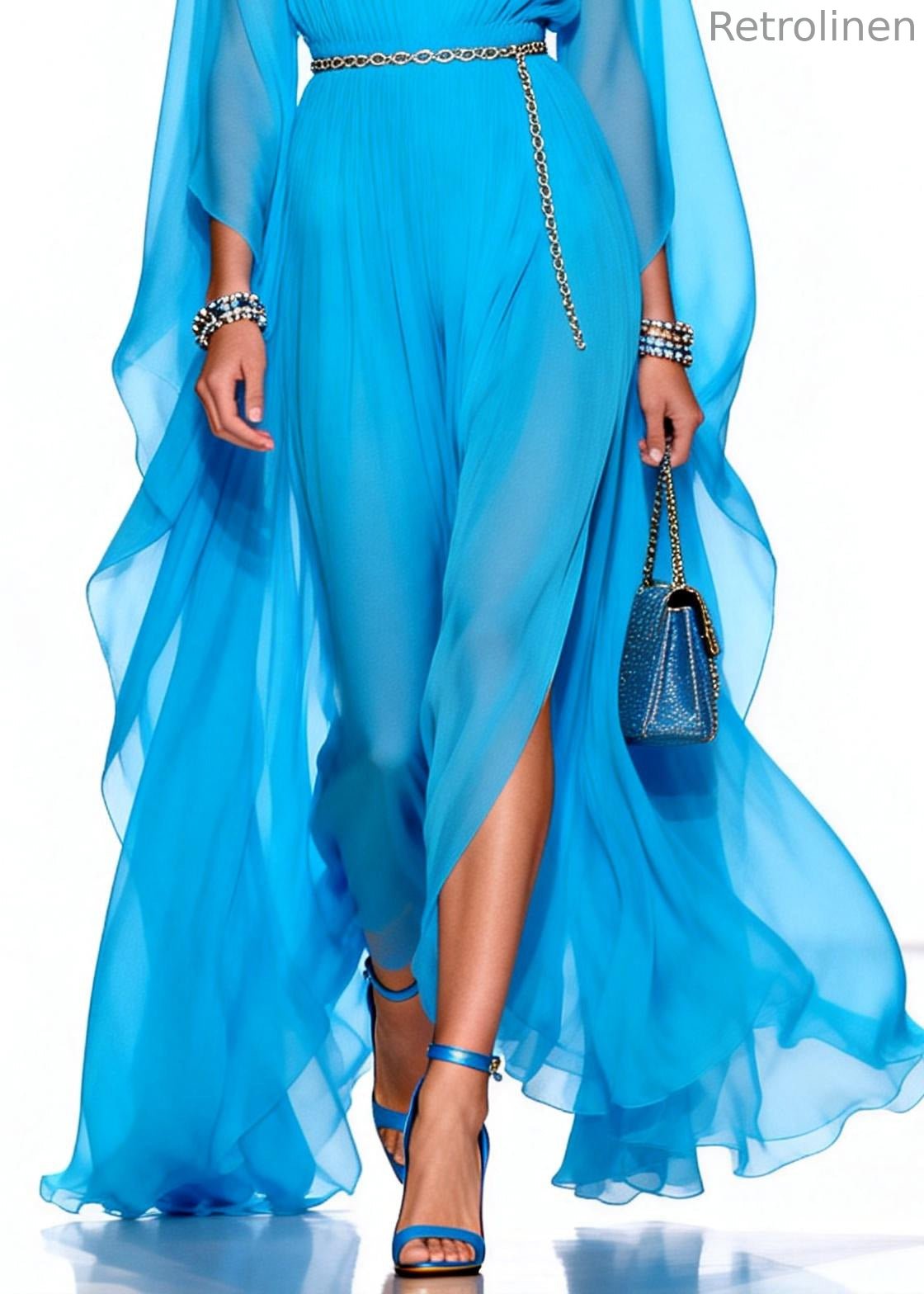 Stylish Blue V Neck Draping Chiffon Maxi Dresses Summer