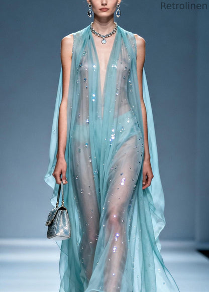 Unique V Neck Zircon Chiffon Long Dresses Summer