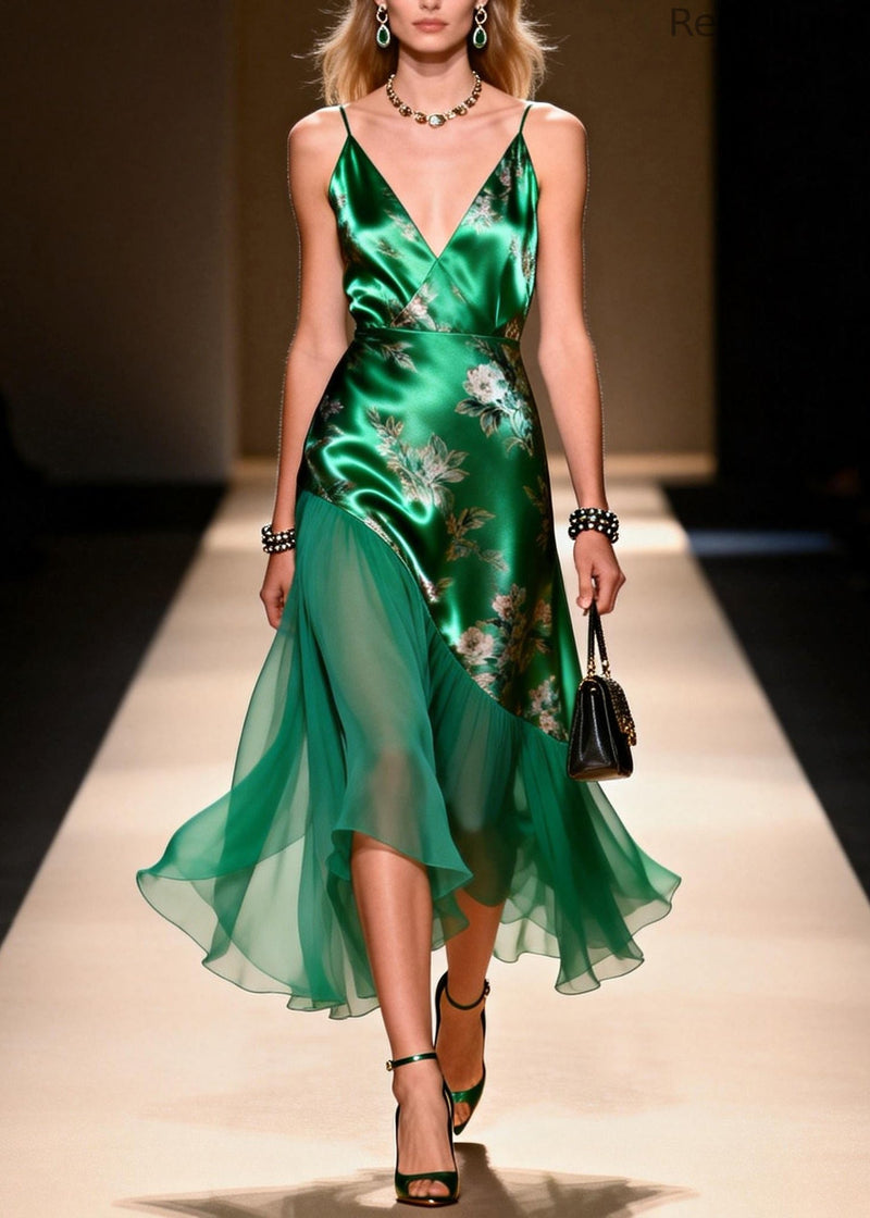 Classy Green Print Patchwork Silk Cami Dress Summer