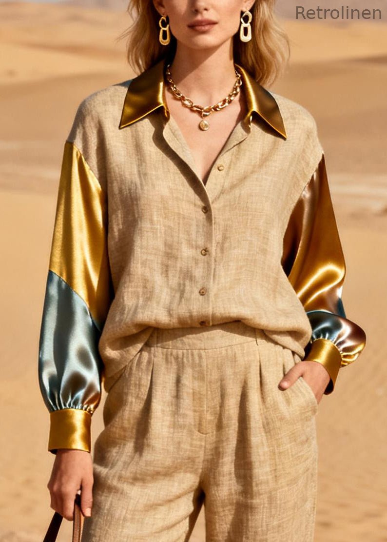 Khaki Peter Pan Collar Patchwork Linen Silk Two Pieces Set Spring