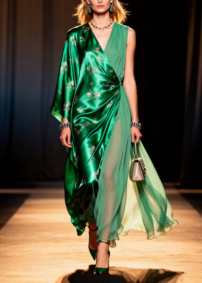 V Neck Asymmetrical Design Print Silk Long Dresses Summer