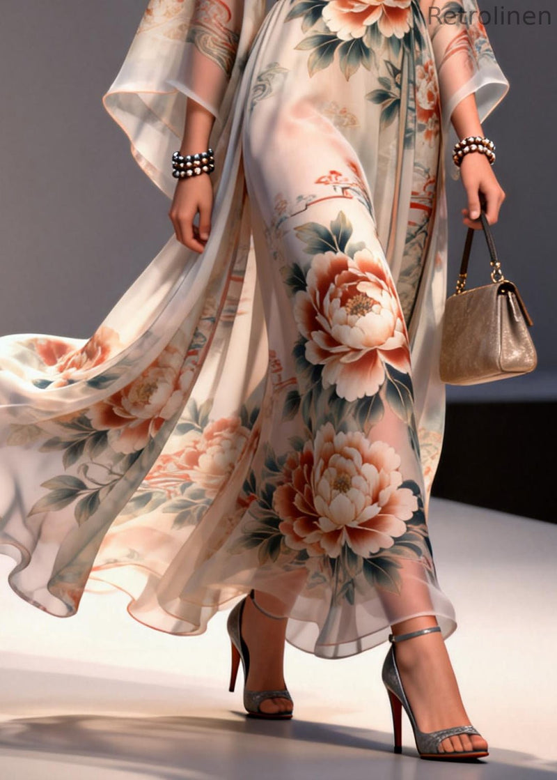 Apricot Print Chiffon Maxi Dresses Exra Large Hem Summer