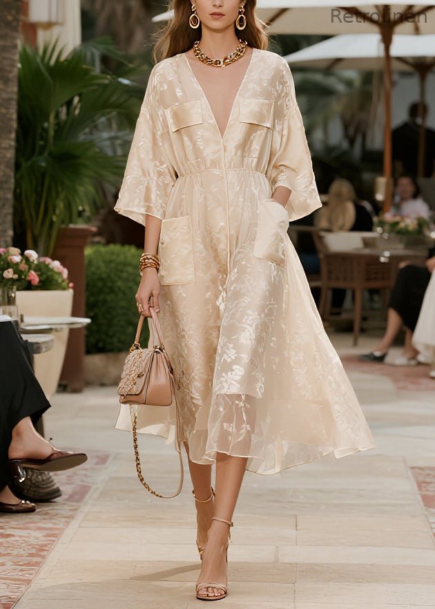 French Champagne Jacquard Pockets Tulle Party Dress Summer