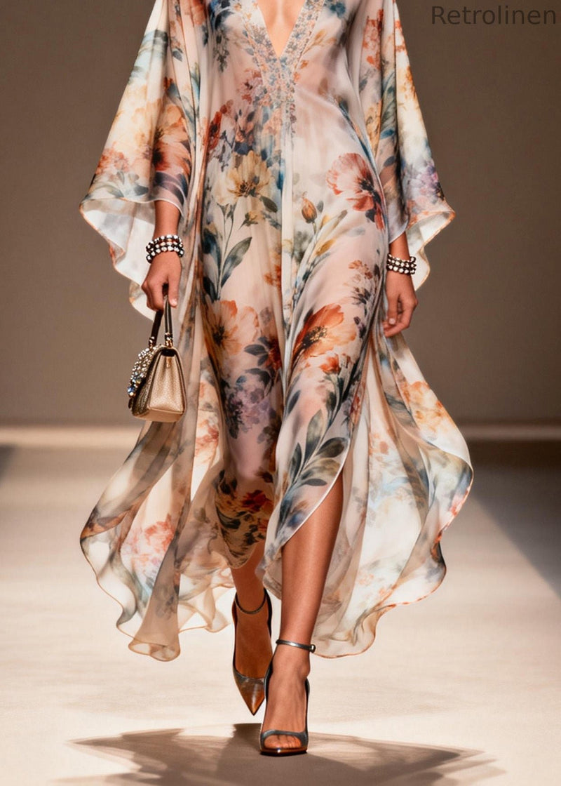 V Neck Print Side Open Chiffon Dress Spring