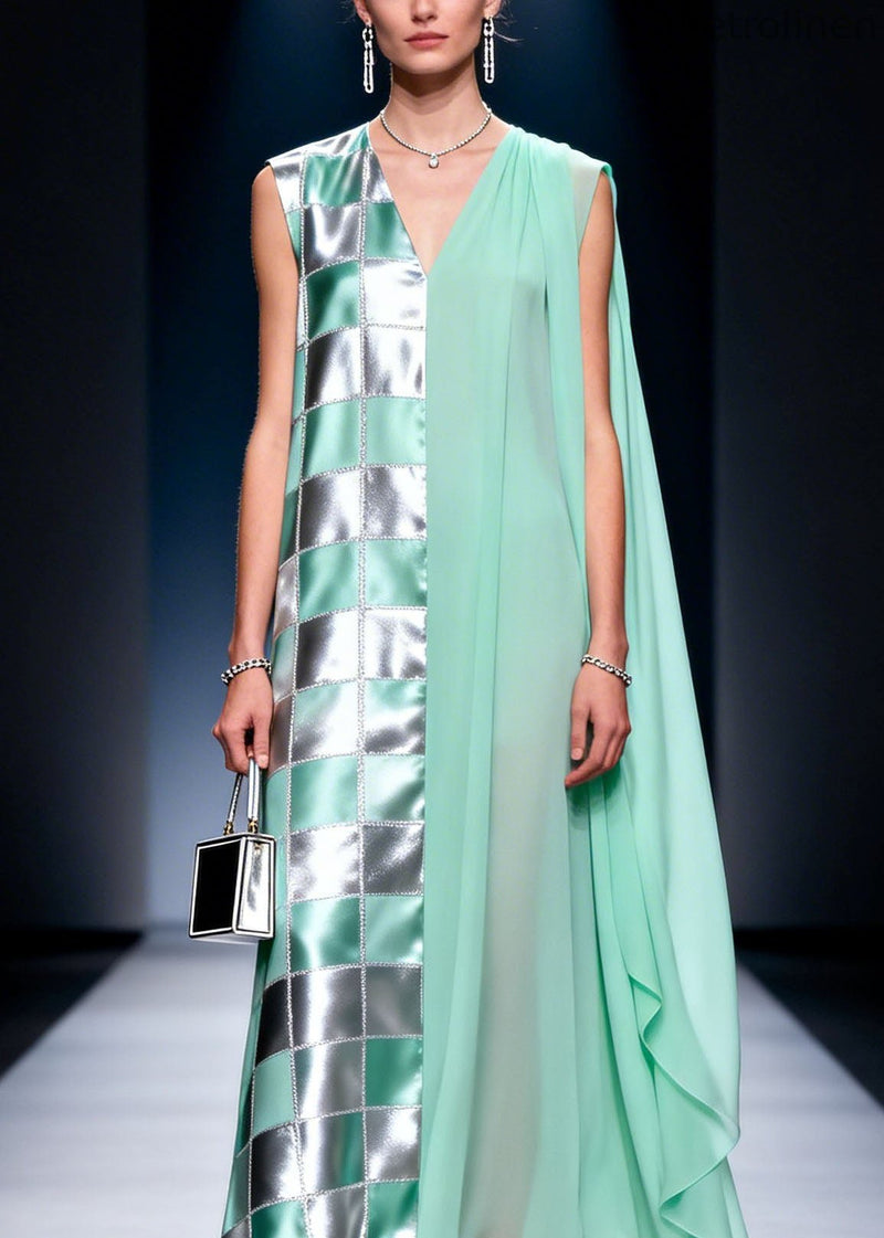 V Neck Plaid Print Chiffon Long Dress Summer