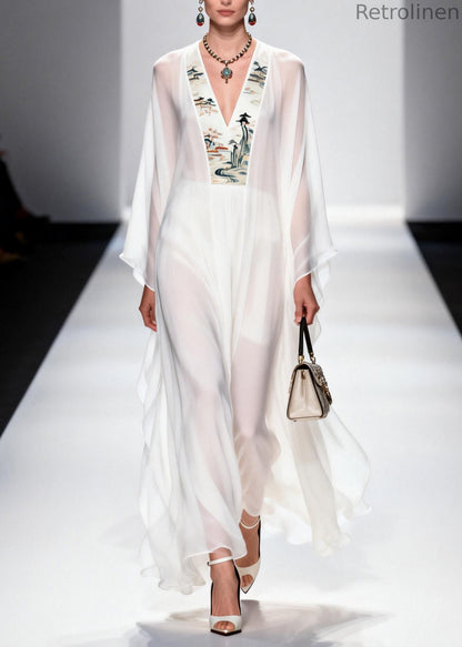 White V Neck Patchwork Chiffon Long Dresses Spring